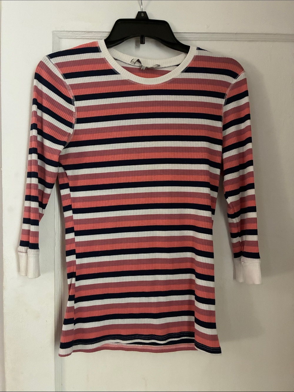 BKE Pink Navy White Striped Ribbed Long Sleeve Top